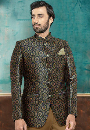 Woven Art Silk Jacquard Jodhpuri Jacket in Dark Green