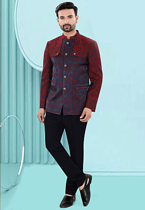 Woven Art Silk Jacquard Jodhpuri Jacket in Navy Blue and Maroon