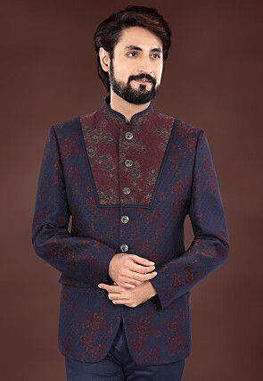 Woven Art Silk Jacquard Jodhpuri Jacket in Navy Blue