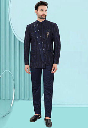 Woven Art Silk Jacquard Jodhpuri Jacket in Navy Blue