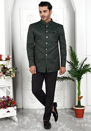 Woven Art Silk Jacquard Jodhpuri Jacket in Olive Green