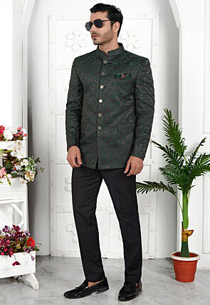 Woven Art Silk Jacquard Jodhpuri Jacket in Olive Green