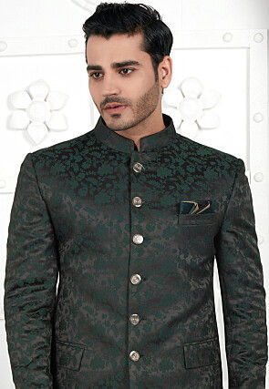 Woven Art Silk Jacquard Jodhpuri Jacket in Olive Green