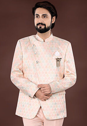 Woven Art Silk Jacquard Jodhpuri Jacket in Peach