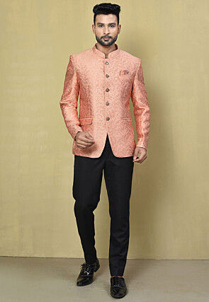 Woven Art Silk Jacquard Jodhpuri Jacket in Peach