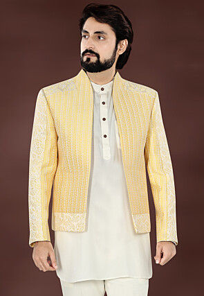 Woven Art Silk Jacquard Jodhpuri Jacket in Yellow
