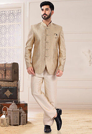 woven art silk jacquard jodhpuri suit in beige v1 muy835