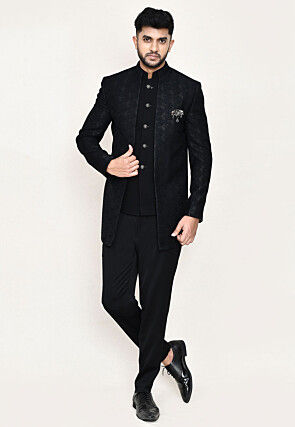Woven Art Silk Jacquard Jodhpuri Suit in Black