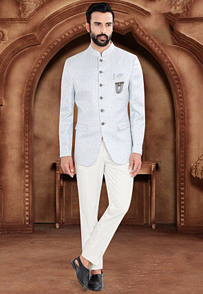Woven Art Silk Jacquard Jodhpuri Suit in Light Blue