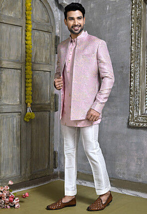 Woven Art Silk Jacquard Jodhpuri Suit in Light Purple