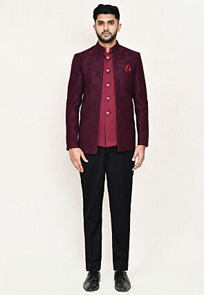 Woven Art Silk Jacquard Jodhpuri Suit in Maroon