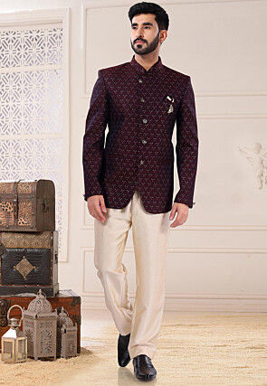 Woven Art Silk Jacquard Jodhpuri Suit in Maroon