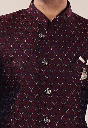 Woven Art Silk Jacquard Jodhpuri Suit in Maroon