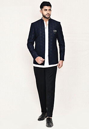 Woven Art Silk Jacquard Jodhpuri Suit in Navy Blue