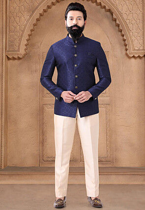 Woven Art Silk Jacquard Jodhpuri Suit in Navy Blue
