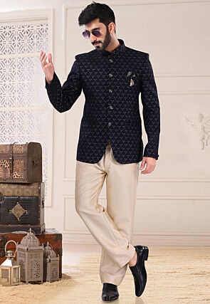 Woven Art Silk Jacquard Jodhpuri Suit in Navy Blue
