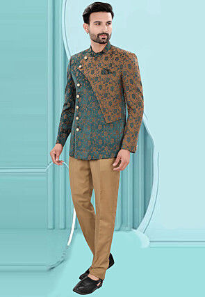 Woven Art Silk Jacquard Jodhpuri Suit in Teal Green and Brown