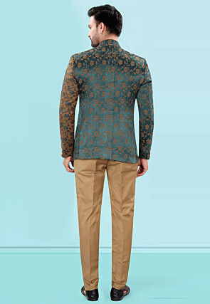 Woven Art Silk Jacquard Jodhpuri Suit in Teal Green and Brown