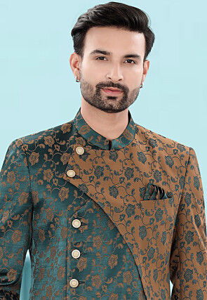 Woven Art Silk Jacquard Jodhpuri Suit in Teal Green and Brown