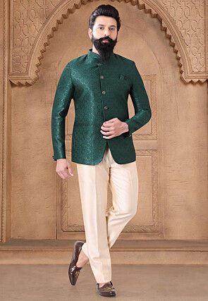Woven Art Silk Jacquard Jodhpuri Suit in Teal Green