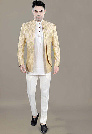 Woven Art Silk Jacquard Jodhpuri Jacket in Light Beige