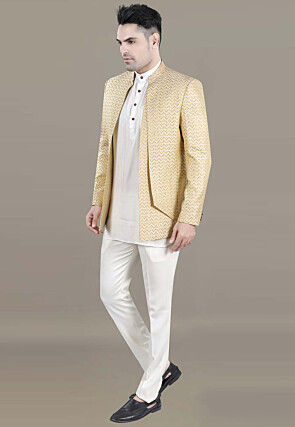 Woven Art Silk Jacquard Jodhpuri Jacket in Light Beige