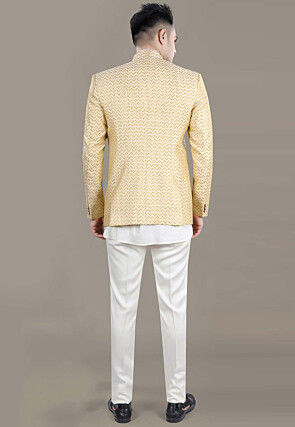 Woven Art Silk Jacquard Jodhpuri Jacket in Light Beige