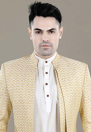 Woven Art Silk Jacquard Jodhpuri Jacket in Light Beige