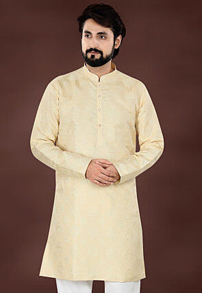 Woven Art Silk Jacquard Kurta in Beige