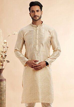 Woven Art Silk Jacquard Kurta in Beige