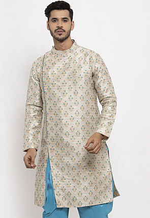 Woven Art Silk Jacquard Kurta in Beige