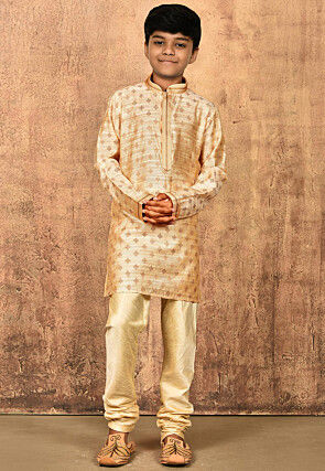 Woven Art Silk Jacquard Kurta in Beige