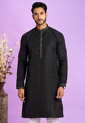 Woven Art Silk Jacquard Kurta in Black