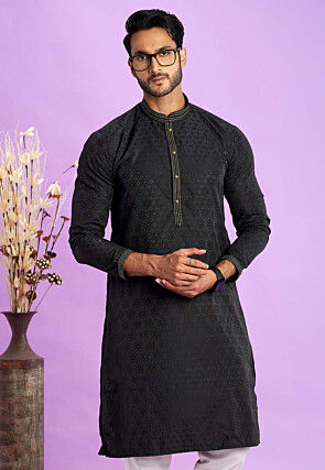 Woven Art Silk Jacquard Kurta in Black
