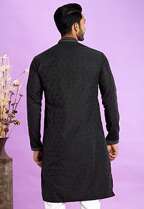 Woven Art Silk Jacquard Kurta in Black