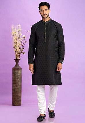 Woven Art Silk Jacquard Kurta in Black