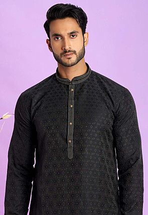 Woven Art Silk Jacquard Kurta in Black
