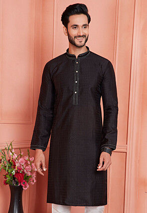 Woven Art Silk Jacquard Kurta in Black