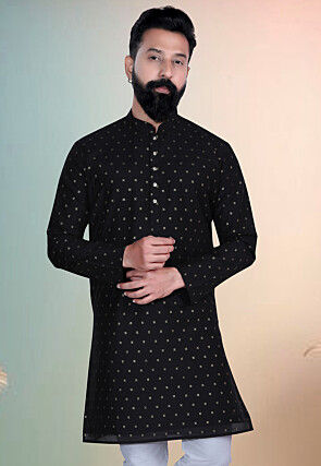 Woven Art Silk Jacquard Kurta in Black