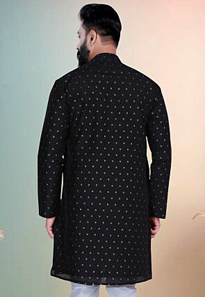 Woven Art Silk Jacquard Kurta in Black