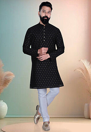 Woven Art Silk Jacquard Kurta in Black