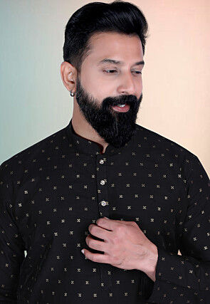 Woven Art Silk Jacquard Kurta in Black