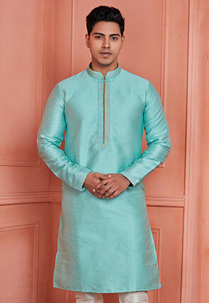 Woven Art Silk Jacquard Kurta in Blue