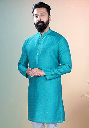 Woven Art Silk Jacquard Kurta in Blue