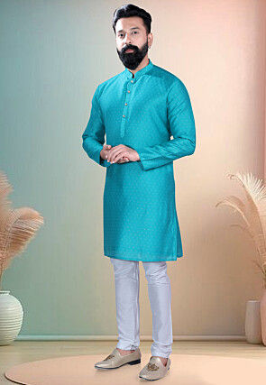 Woven Art Silk Jacquard Kurta in Blue