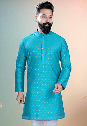 Woven Art Silk Jacquard Kurta in Blue