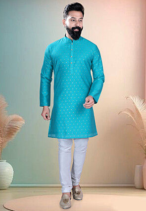 Woven Art Silk Jacquard Kurta in Blue