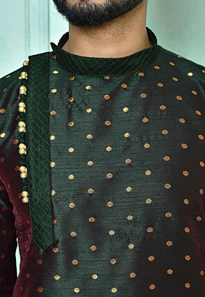 Woven Art Silk Jacquard Kurta in Dark Green