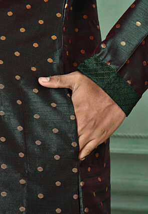 Woven Art Silk Jacquard Kurta in Dark Green