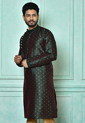 Woven Art Silk Jacquard Kurta in Dark Green
